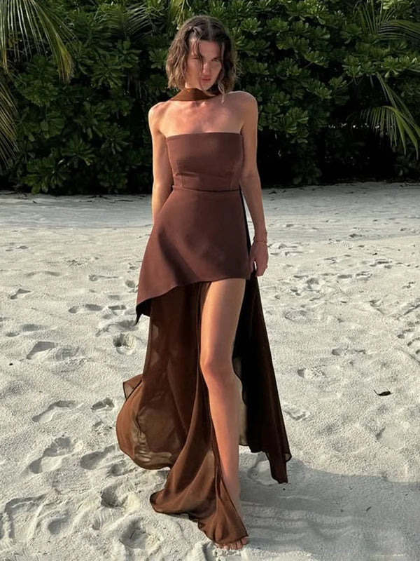 Elegant Strapless Mesh Beach Dress with Ribbon for Women